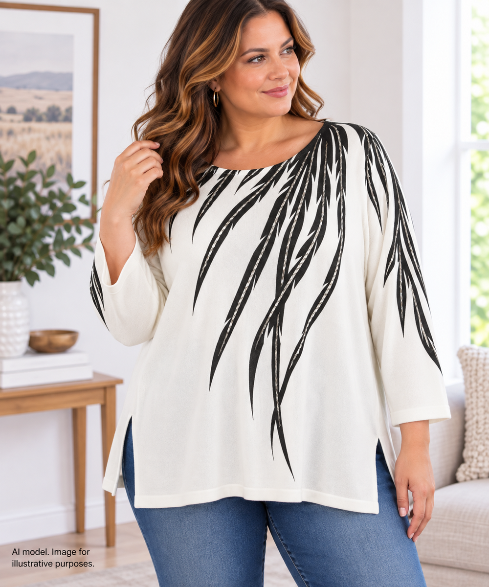 Bob Mackie Sweater Women 1X Abstract Leaf Print Pullover Long Sleeve Art to Wear